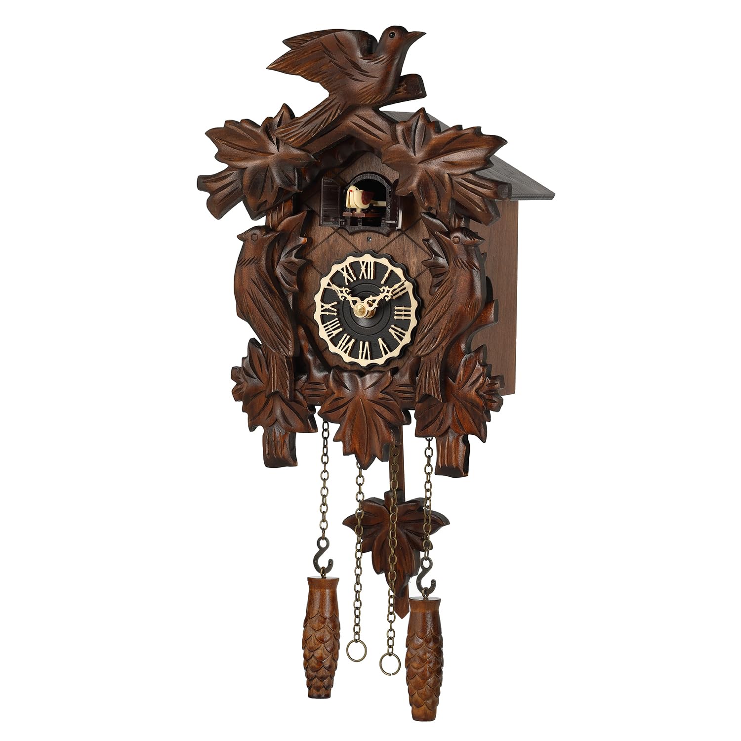 Photo 1 of Kintrot Cuckoo Clock, Traditional Black Forest Handcrafted Wooden Quartz Clock for Wall Antique Decroration with Maple Leaf Pendulum, 12 Melodies, Night Sensor and Singing Bird