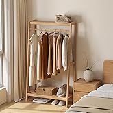Vadisun Solid Oak Wood Clothing Rack, Garment Rack with Shelves, Clothes Rack for Bedroom, Living Room, Entryway, 16" x 35" x 63"