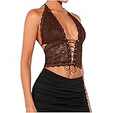 SOLY HUX Women's Sexy Lace Sheer Corset Top Halter Neck Tie Up Backless Crop Tops Party Rave Outfits