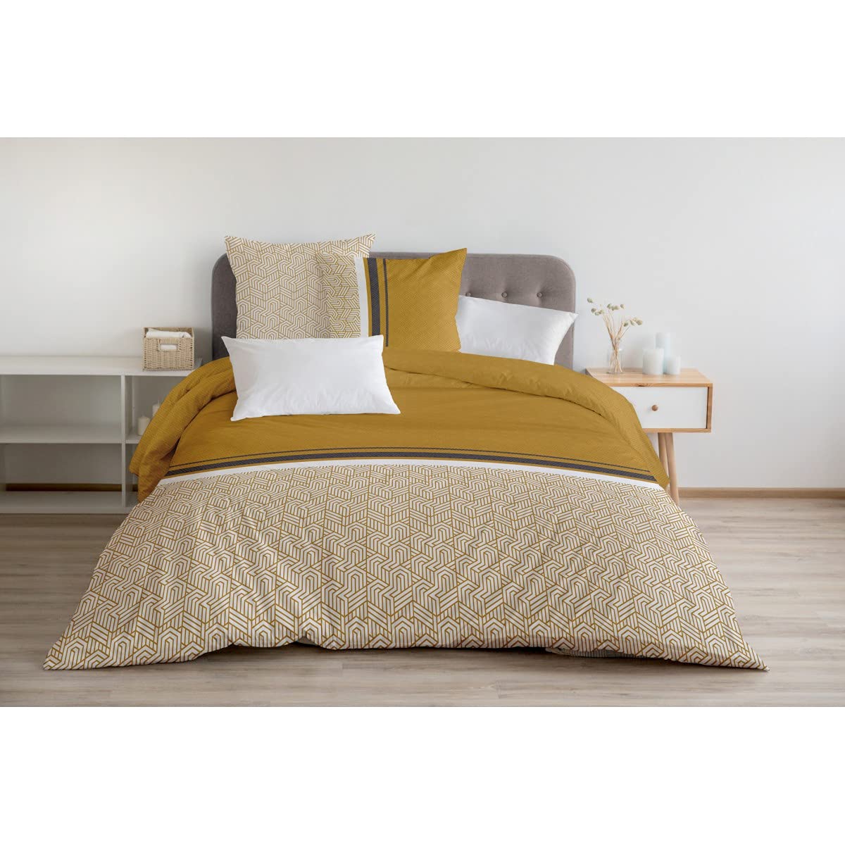 Home Linge Passion | Duvet Cover - 3 Pieces | 100% Cotton - 57 Thread Count | Double - 220 x 240 cm | Tilt Gold