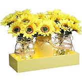 Honeydak 12 Pcs Mason Jar Centerpiece for Dining Room Table with Farmhouse Wood Tray, 3 Mason Jars with Artificial Flowers, and 2 LED Light for Room Kitchen Living Bathroom Wedding (Sunflower)