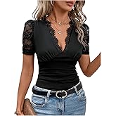 SweatyRocks Women's Mesh Short Sleeve Lace Trim V Neck Slim Fit Ruched Tee Shirt Top