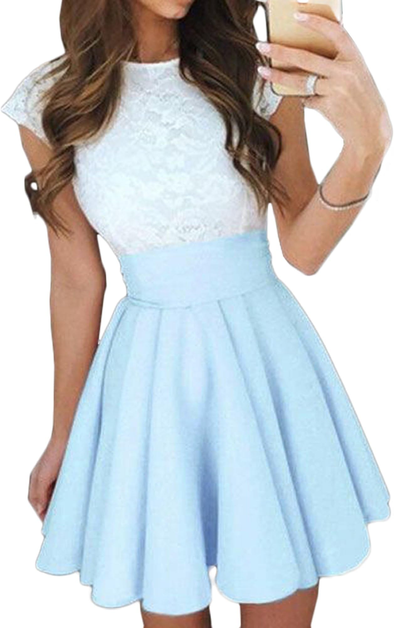 Elevesee Women's Lace A-line Sleeveless Pleated Cocktail Party Skater Skirt Dress