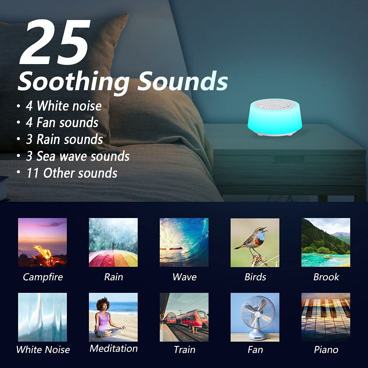 Color Noise Sound Machines with 10 Colors Night Light 25 Soothing Sounds and Sleep White Noise Machine 32 Volume Levels 5 Timers Adjustable Brightness Memory Function for Adults Kids Baby