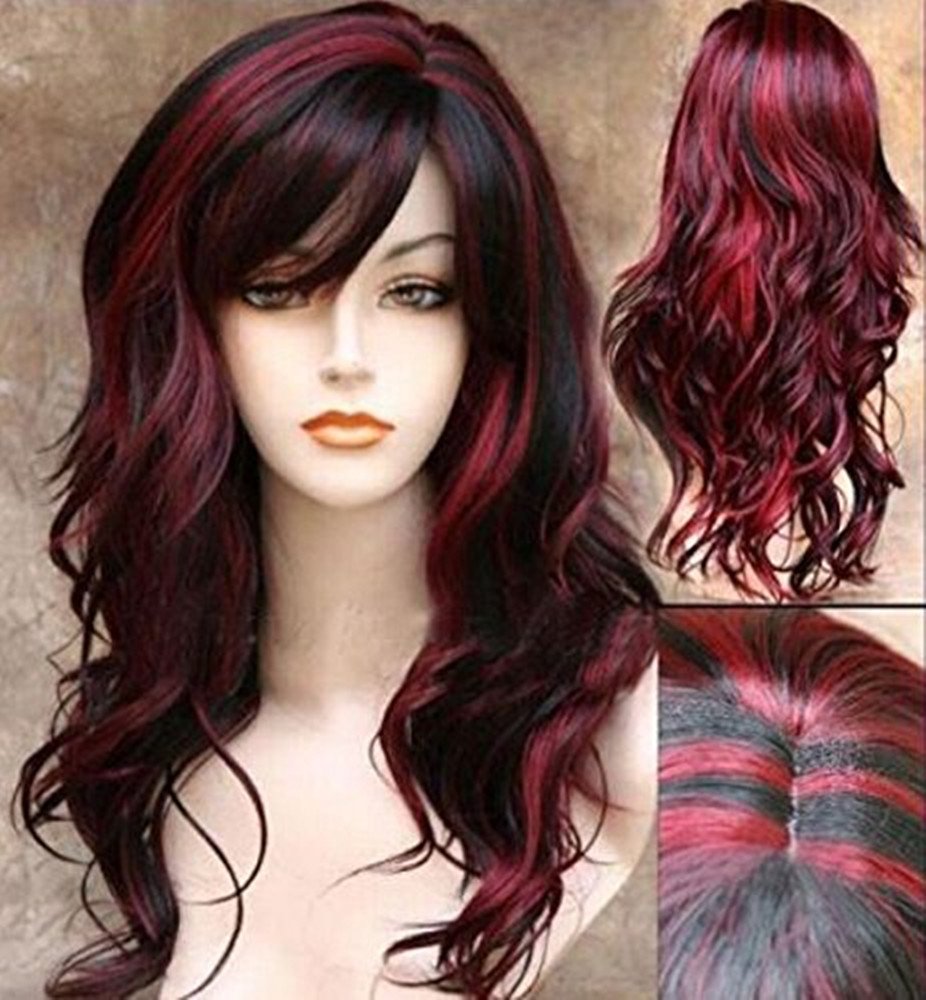 AneShe Wig Women's 2 Tones Wine Red Mixed Black Big Wave Synthetic Hair