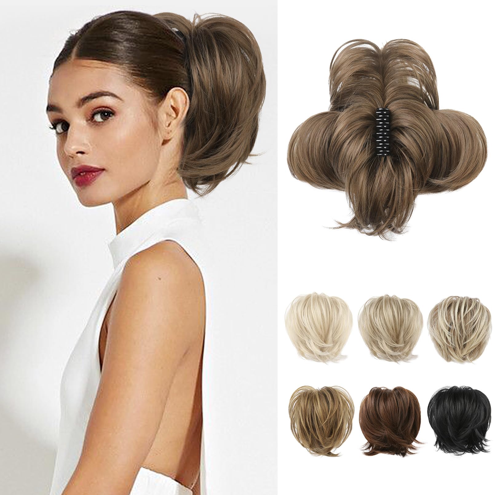 REECHO Hair Bun, Claw Clip Messy Bun Hair Piece Short Ponytail Extension with Bendable Metal Wire Fake Bun Hair Pieces for Women - Ginger Brown — image 1