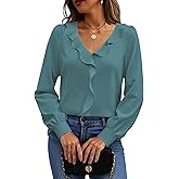 Halife Womens Dressy Casual Blouses Long Sleeve Business Tops Ruffle V Neck Trendy Work Shirts