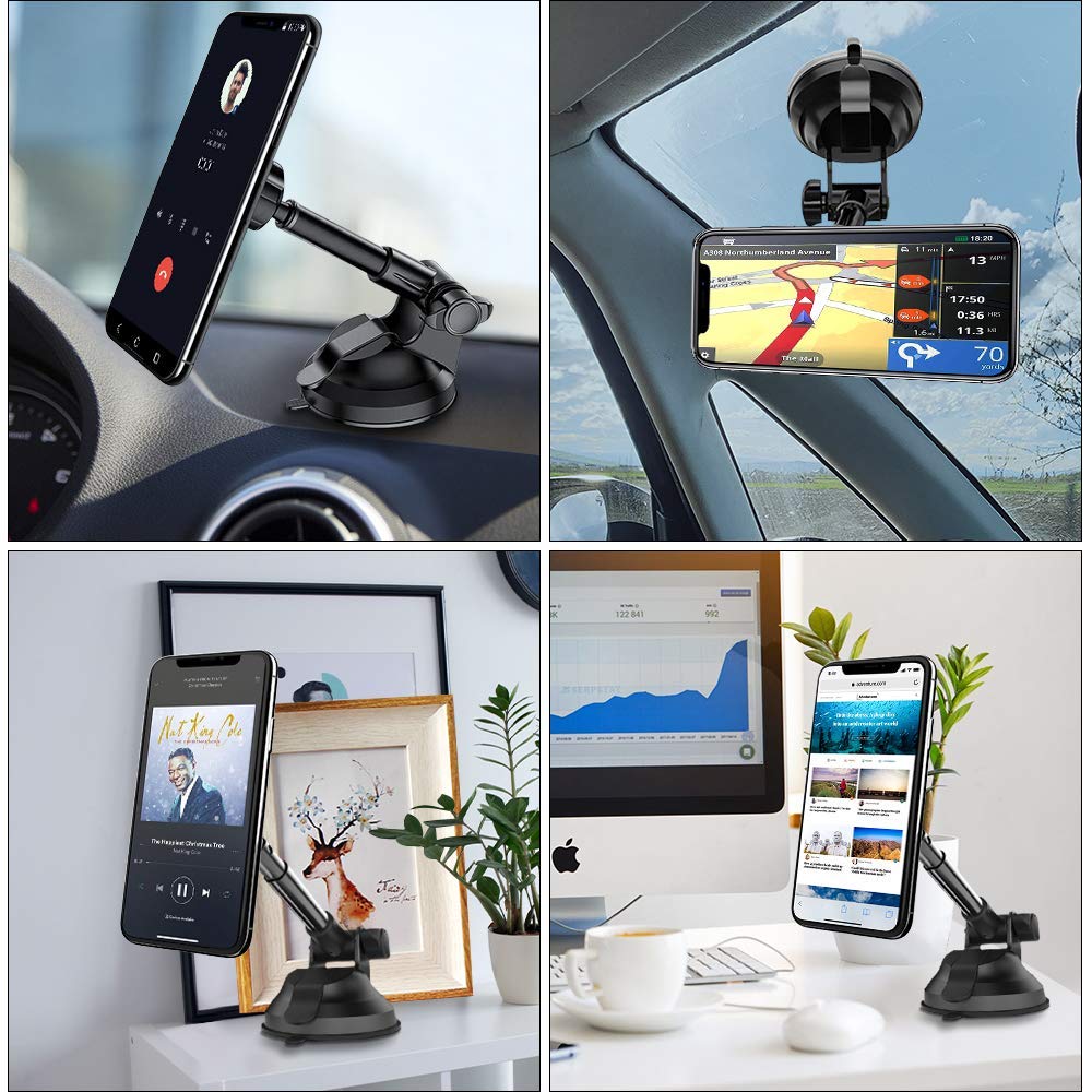 AIRGINE Magnetic Phone Car Mount Holder, Mobile Phone Cradle with 6 Strong Magnets for Dashboard and Windshield,Metal Telescopic Arm for iPhone Xs Max/XR/XS/X/8/7/6/6S, Galaxy S9/S8/S7/Note9/Note8