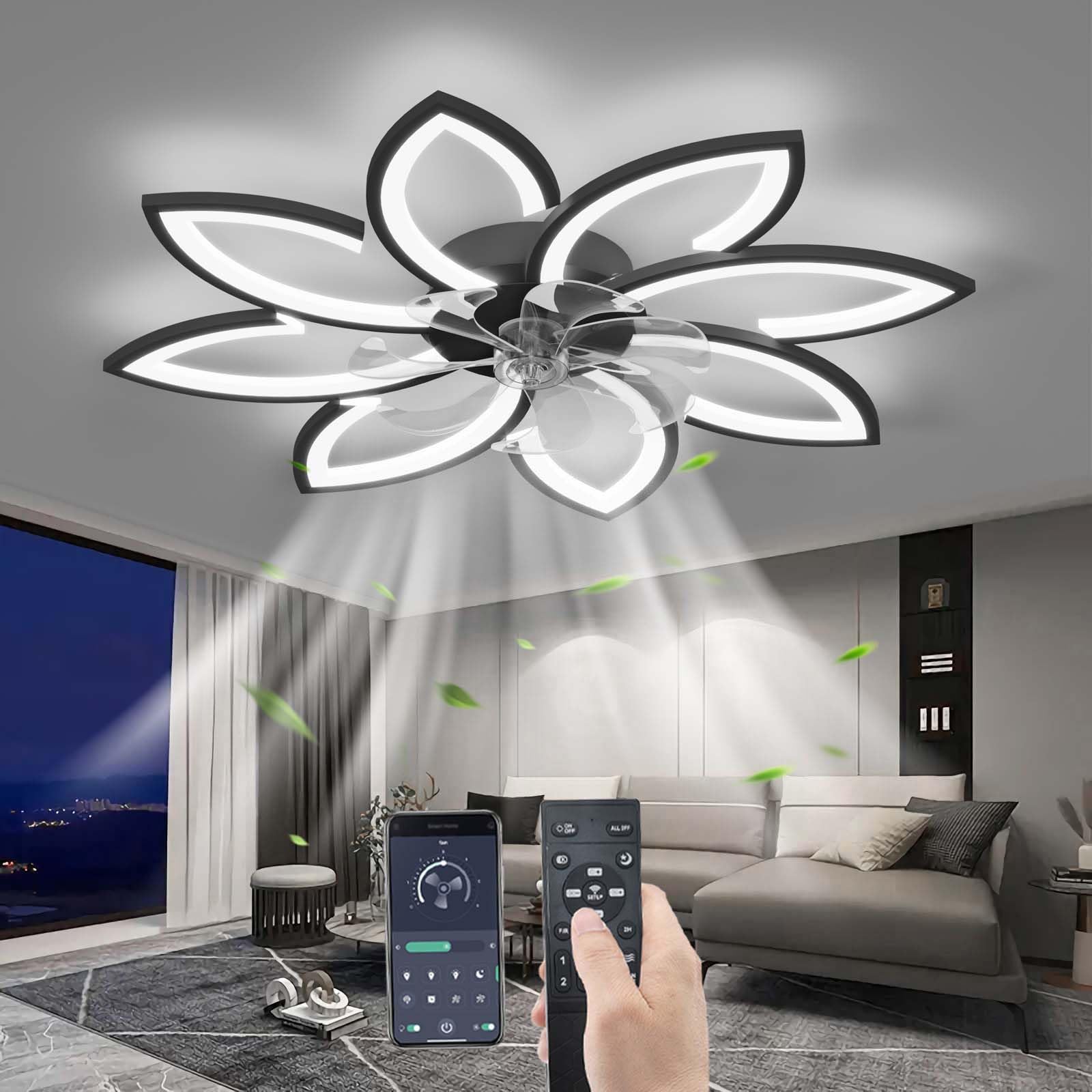 YUNZI Mute Ceiling Fan with Light with Remote Control, LED Dimmable Fan Ceiling Lamp, Modern Ceiling Fan Lighting for Living Room Bedroom Office, Adjustable 6 Speeds, Black 90CM