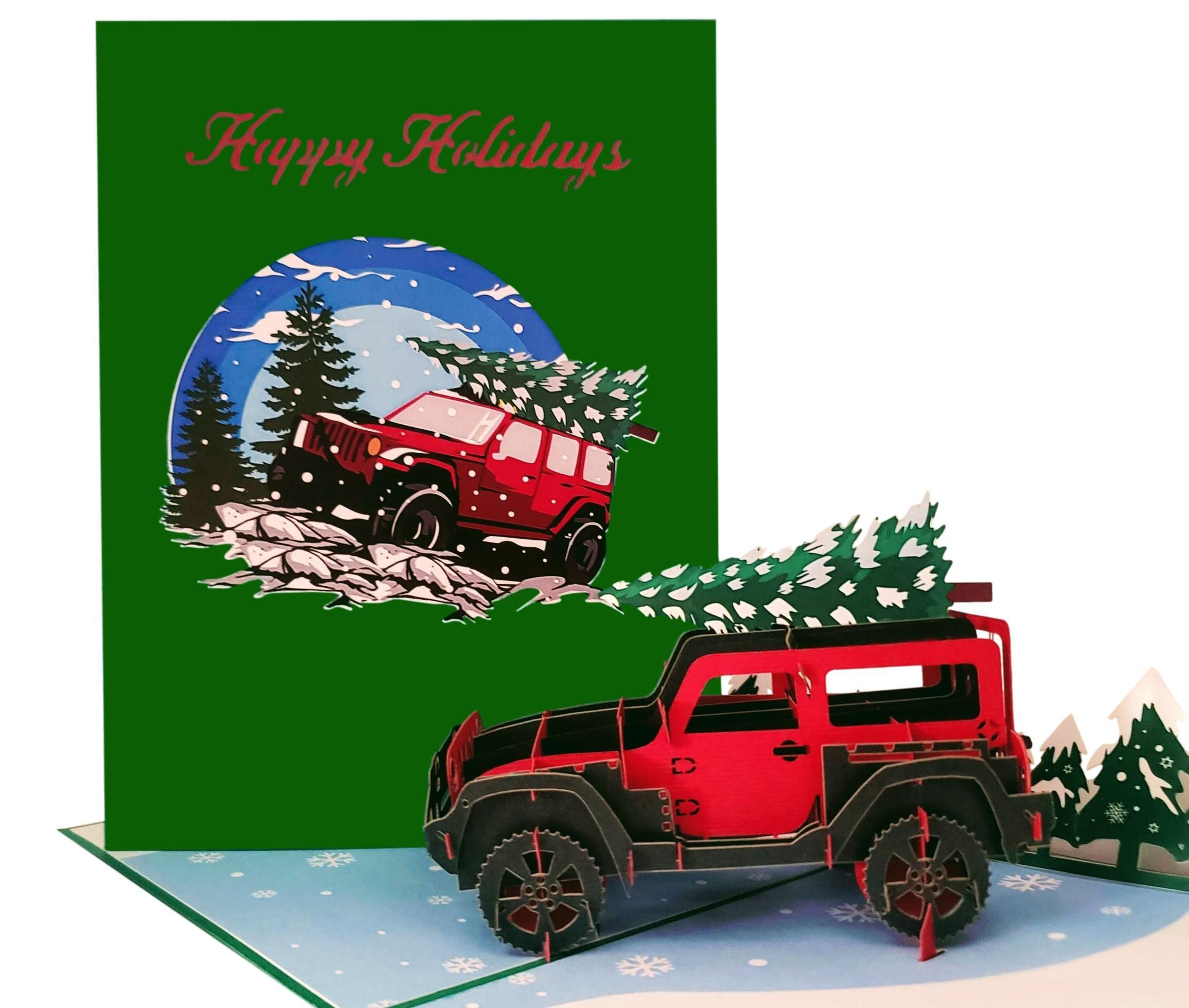 iGifts And Cards Holiday Mountain Red Jeep With Christmas Tree 3D Pop Up Greeting Card – Winter Scene, Happy Holidays, Merry Christmas, Winter Card, Thinking of You, Holiday's Gift And Decoration