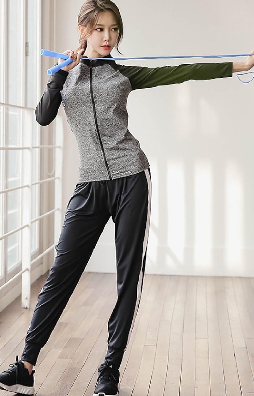 Amazon Coco Yuka かわいい ジャージ 上 下 レディース パーカー ランニング ヨガ フィットネス スポーツ ウェア 長袖 長ズボン おおきいサイズ あり 黒 上下セット L 上下セット 通販