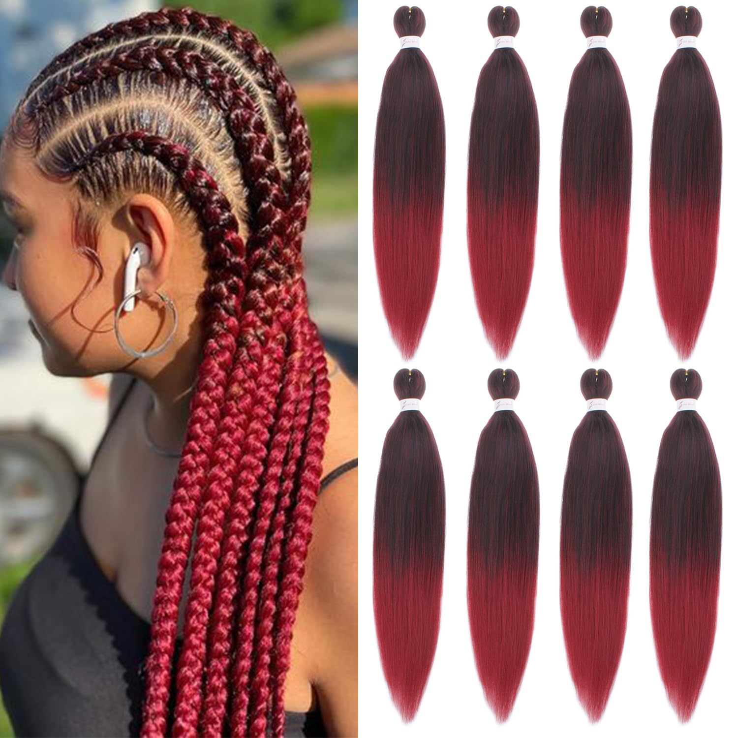 Mscat 16 Inch 8 Packs Pre Stretched Braiding Hair Ombre Bungundy Pre Stretched Braiding Professional Synthetic Prestretched Crochet Braids Hair Extension Hot Water Setting Yaki Texture (1B900#) — image 1
