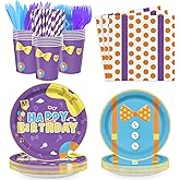 168PCS English Teacher Party Supplies for Boys Girls Purple Cartoon Teacher Themed First Birthday Party Decorations with Paper Plates Cups Tableware Set for 24 Guests