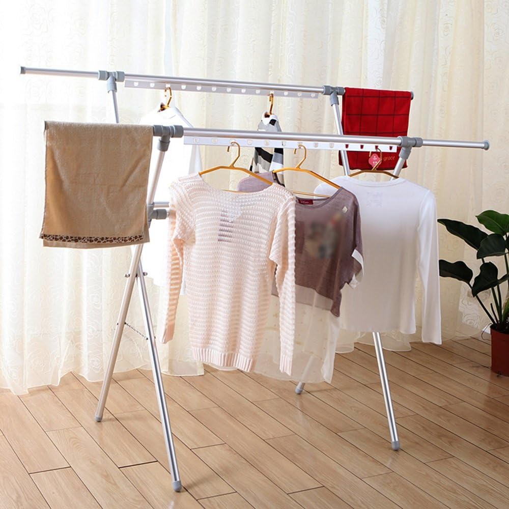 Floor folding telescopic clothes rack, double rod thickened X-type drying racks, home indoor balcony drying rack ( Color : Silver , Size : A )
