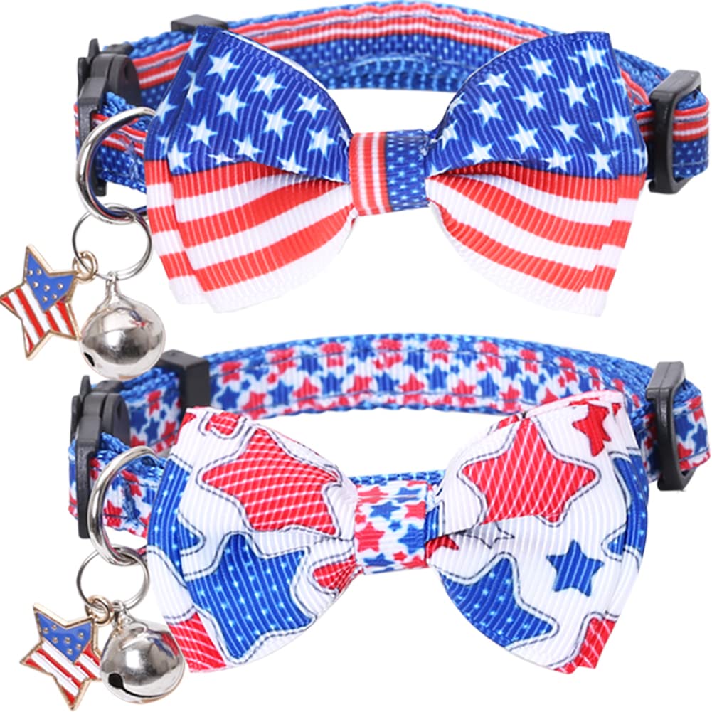 Photo 1 of American Flag Cat Collar with Bell Bow Tie Star Breakaway Adjustable for 4th of July Independence Day