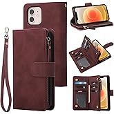 RANYOK Wallet Case Compatible with iPhone 12/12 Pro (6.1 inch), Premium PU Leather Zipper Flip Wallet RFID Blocking with Wrist Strap Magnetic Closure Built-in Kickstand Protective Case - Wine Red