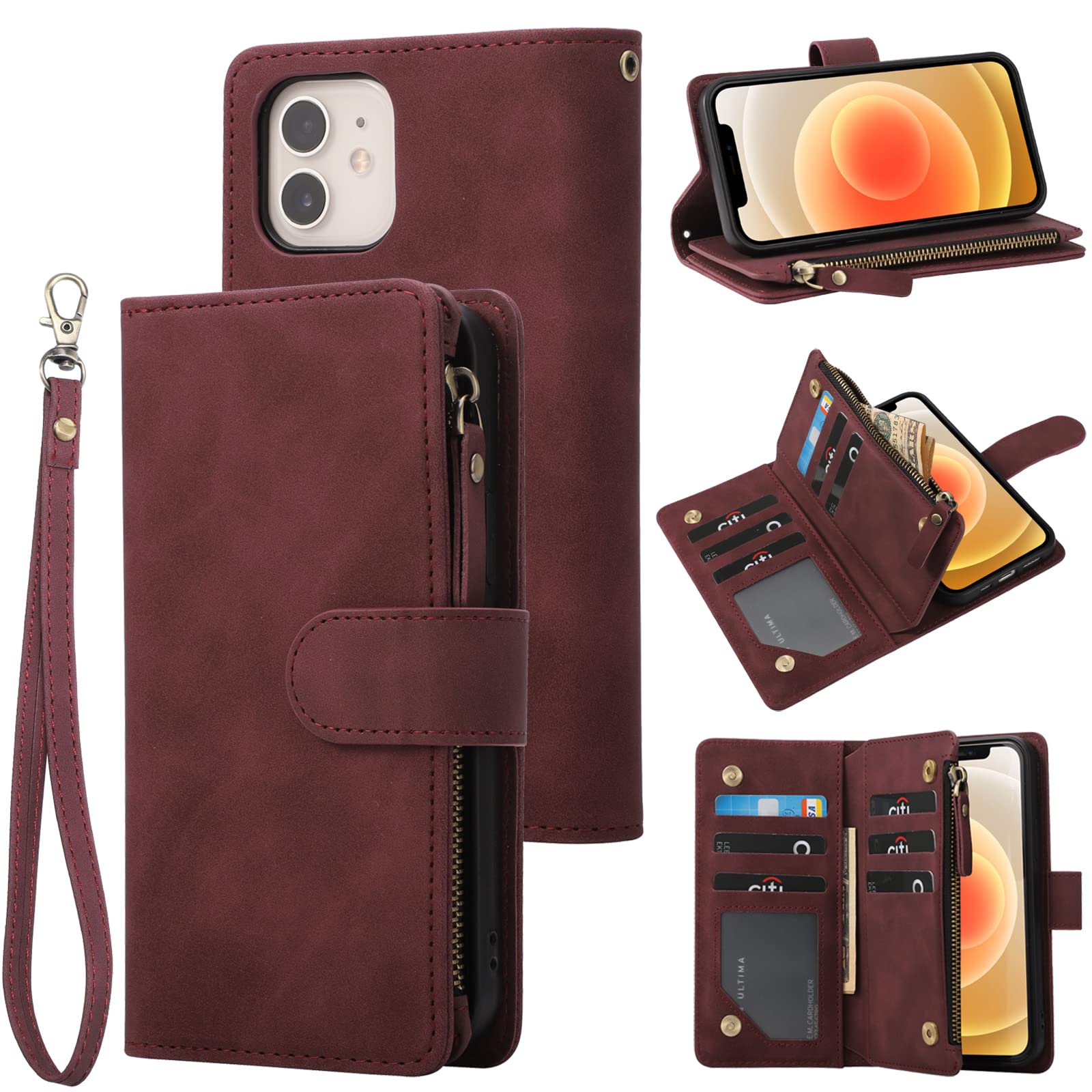 RANYOK Wallet Case Compatible with iPhone 12/12 Pro (6.1 inch), Premium PU Leather Zipper Flip Wallet RFID Blocking with Wrist Strap Magnetic Closure Built-in Kickstand Protective Case - Wine Red