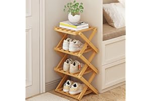 FAMKIT 4-Tier Bamboo Vertical Shoe Rack, X-Shaped Space-Saving Folding Shoe Shelf Free Standing Shoes Organizer for Entryway,
