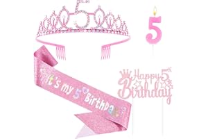 Vovii 5th Birthday Decorations for Girls - Pink Birthday Crown, Glitter Sash, Number 5 Candles and Cake Toppers for Girls 5 Year Old Party Supplies Outfit Gift