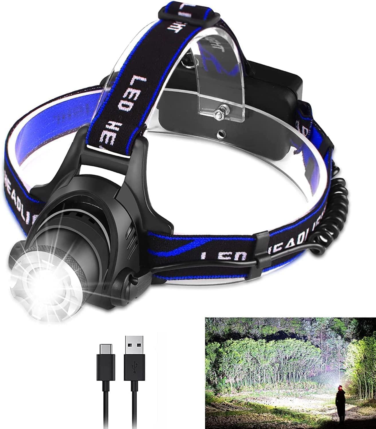 PARAROSE LED Rechargeable Head Torch, Super Bright 1000 High Lumen with 3 Modes, Zoomable Waterproof Headlamp for Camping Hunting Running Fishing Hiking Biking and Emergency
