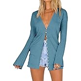 Saodimallsu Women Deep V Neck Cardigan Button Down Flare Long Sleeve Loose Open Front Knit Summer Lightweight Shirts