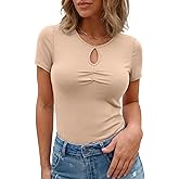 Dokotoo Womens Summer Short Sleeve Shirts 2026 Crewneck Keyhole Twist Slim Fit Stretch Casual Trendy Outfits Tops Basic Tee
