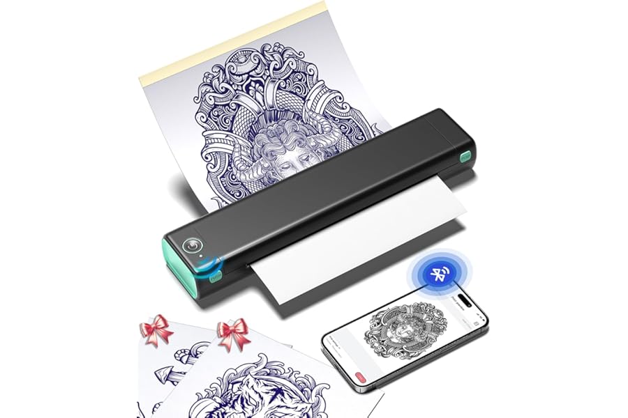 Phomemo Tattoo Stencil Printer, M08F Wireless Thermal Tattoo Printer with 10pcs Transfer Paper, Compatible with Phone/Tablet/PC, Tattoo Supplies for Tattoo Artists, AI Image Generation, Black & Green