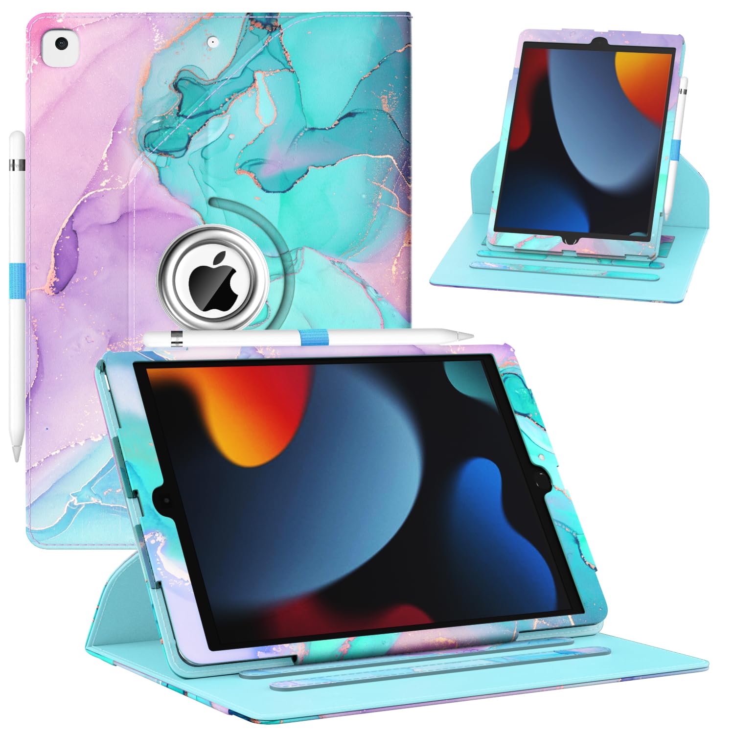ZoneFoker Case for iPad 9th/8th/7th Generation, iPad 10.2 inch Case 2021/2020/2019, 360 Degree Rotating Stand, iPad 9 8 7 Gen 10.2 Leather Cover with Pocket Design & Pencil Holder, Marble Teal Pink