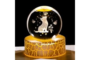 ARIKYRIST 2.36in. Miniatured Cat with Butterflies Birthday Christmas for Women Girlfriend, 3D Glass Engraved Cute Cat K9 Crystal Ball with Light Base for Home Office Decoration