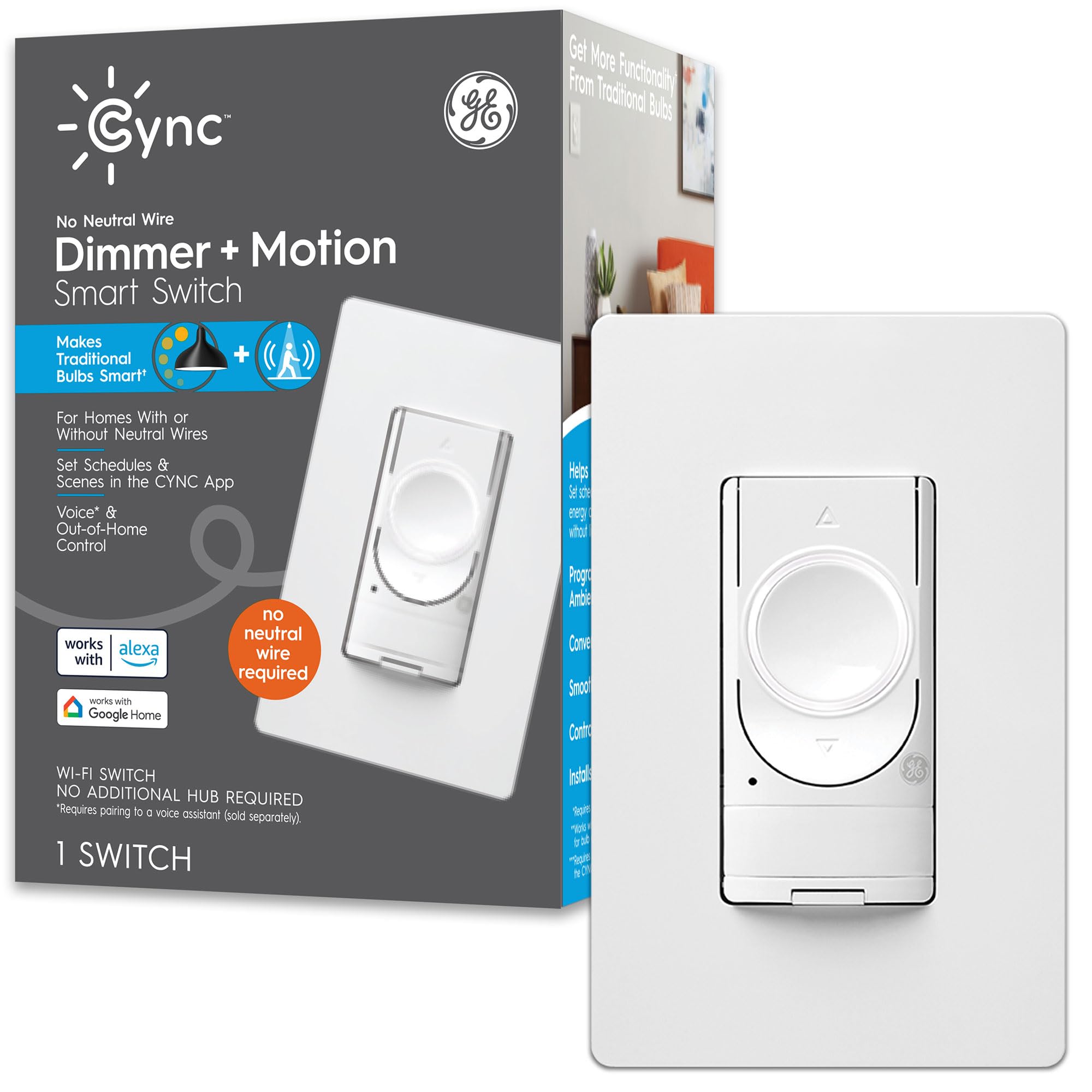 Photo 1 of GE CYNC Smart Dimmer Light Switch & Motion Sensor, No Neutral Wire Required, Bluetooth and WiFi 3-Wire Switch, Works with Amazon Alexa and Google Home, White (1 Pack)