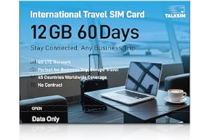 TALKSIM International Data Only SIM Card 12GB 60 Days, 4G LTE Travel SIM Card Supported 45 Countries USA, UK, Europe, Asia. Africa, Ideal for Business Trip and Europe Travel, No Contract