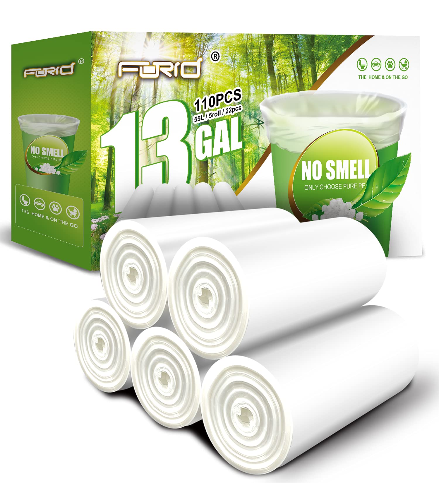 Photo 1 of ** MISSING A ROLL **** FORID 13 Gallon Trash Bags - Clear Plastic Garbage Bags Medium Tall Trash Can Liners for Kitchen Office Home Waste Bins Unscented One Box with 5 Roll 110 Count 55 Liter - Thick & Durable Trash Bag
