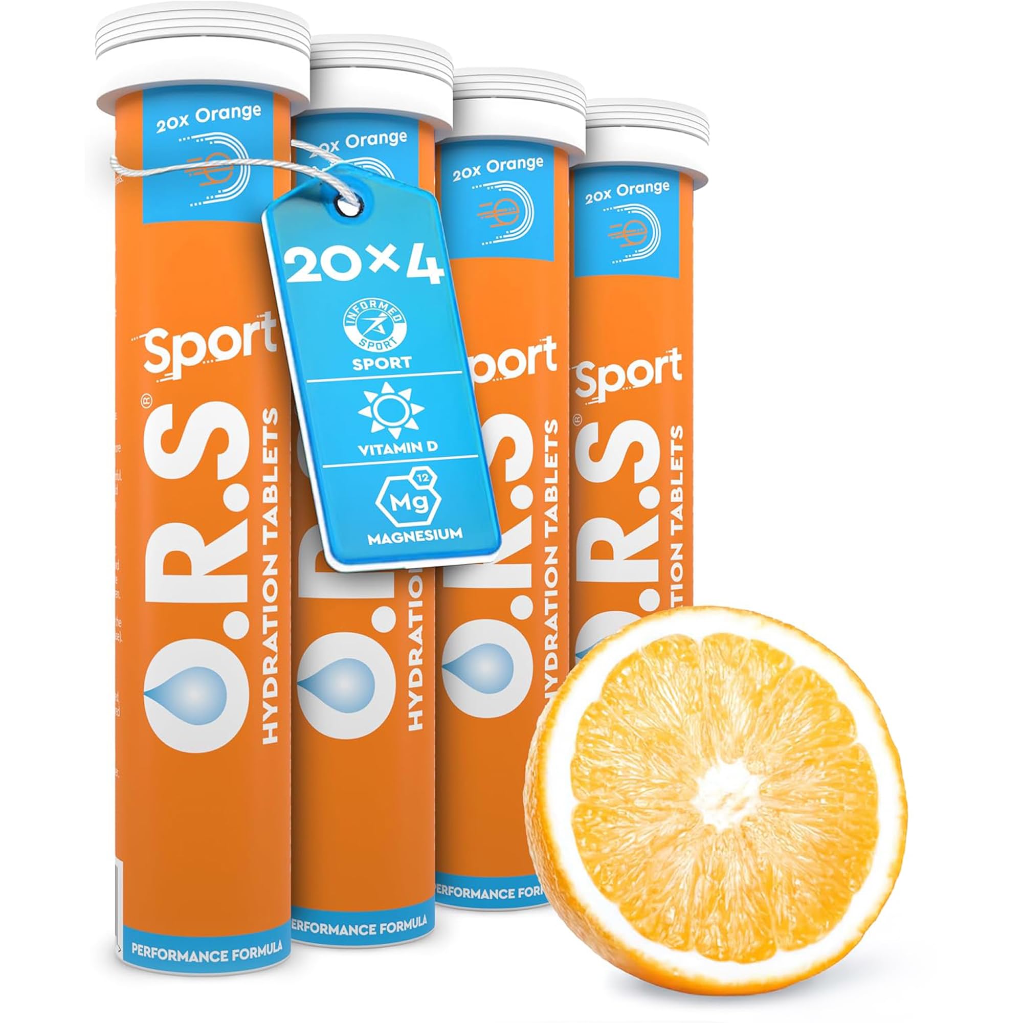 O.R.S Sport Hydration Tablets - Orange 4 Tubes | Winter Sports Electrolytes with Vitamin D & Magnesium for Rehydration & Recovery | Salts for Electrolyte Replacement | Vegan, Gluten-Free & Low Calorie