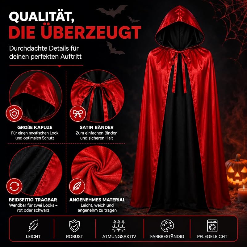 Umhang rot & schwarz mit Kapuze - für Halloween & Fasching & Karneval Vampir Kostüm für Kinder & Erwachsene, Beidseitig — Foto 4 von 8