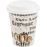 Amazon Basics to Go Hot Paper Coffee Cups with Lids, 12 oz, Café Design, Disposable, 100-Count