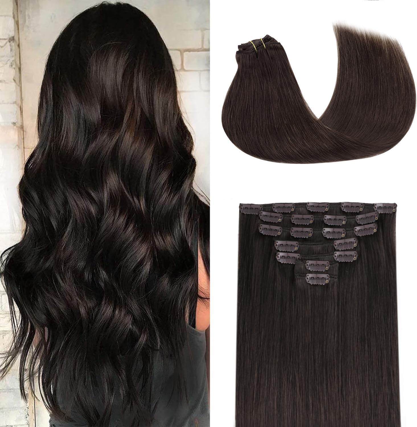 GOO GOO Clip in Hair Extensions Real Human Hair, Remy Human Hair Extensions Clip ins for Women, Natural Human Hair, 18inch 120g 7Pcs, 2 Dark Brown