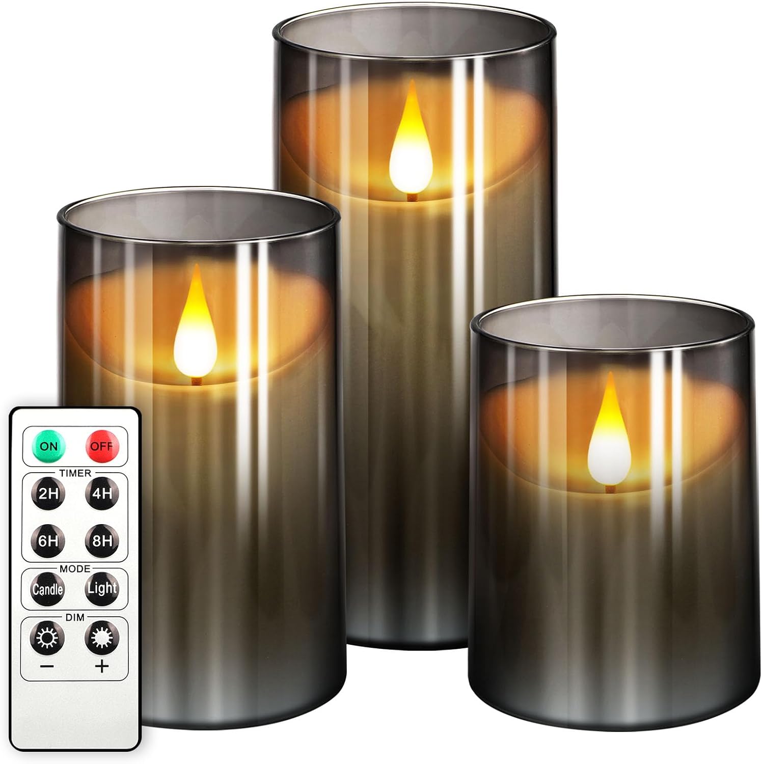 Lighting - NURADA Flickering Flameless Candles with Remote Timer: 3D Wick Battery Operated Led Pillar Candle Unbreakable Imitation Glass Fake Candle Set - Grey 3 Pack