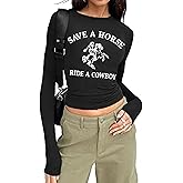 Tewmeu Cowgirl Outfits for Women Western Country Concert Graphic Crop Tops Rodeo Cropped Tight Long Sleeve Shirts