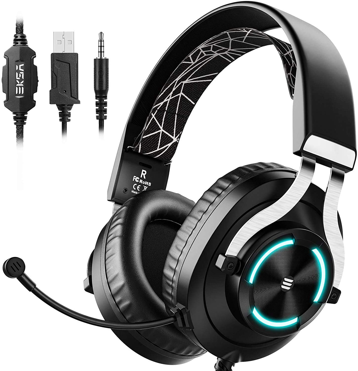EKSA E3000 Gaming Headset for Xbox One PC Headset with Noise Cancelling Mic, RGB Light & In-Line Control, Gaming Headphones for PC, Laptop, PS4, PS5, Nintendo Switch, Xbox One (S/X)