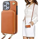 KIHUWEY Crossbody Wallet Case for iPhone 14 Pro, Zipper Pocket Case with Card Holder, PU Leather RFID Blocking Protective Cover Case with Kickstand Detachable Wrist Strap Lanyard 6.1" (Brown)