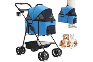 MSmask 3 in 1 Dog Stroller for Medium Small Dogs Up to 35lbs, 4 Wheels Folding Pet Stroller w/Detachable Travel Carrier, Cat Puppy Stroller, Push Button Entry, Storage Basket, Cup Holder, Sky Blue