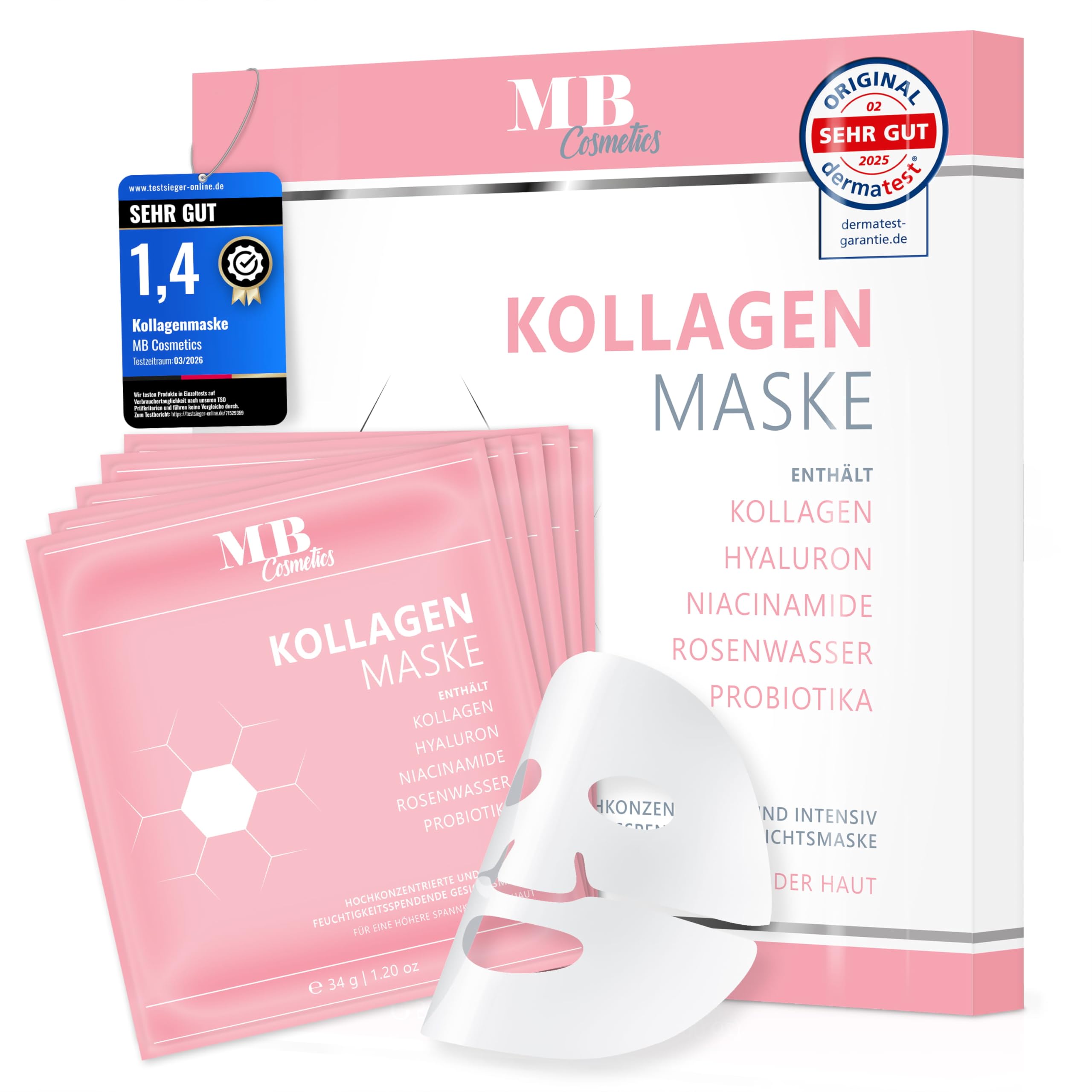 Kollagen Maske mit Hyaluron, Niacinamiden und Probiotika-Komplex für eine straffere Haut. Hydrogel Gesichtsmaske zur Faltenreduktion und Feuchtigkeitspflege. Ultra-hochkonzentriert mit 52.000 ppm.