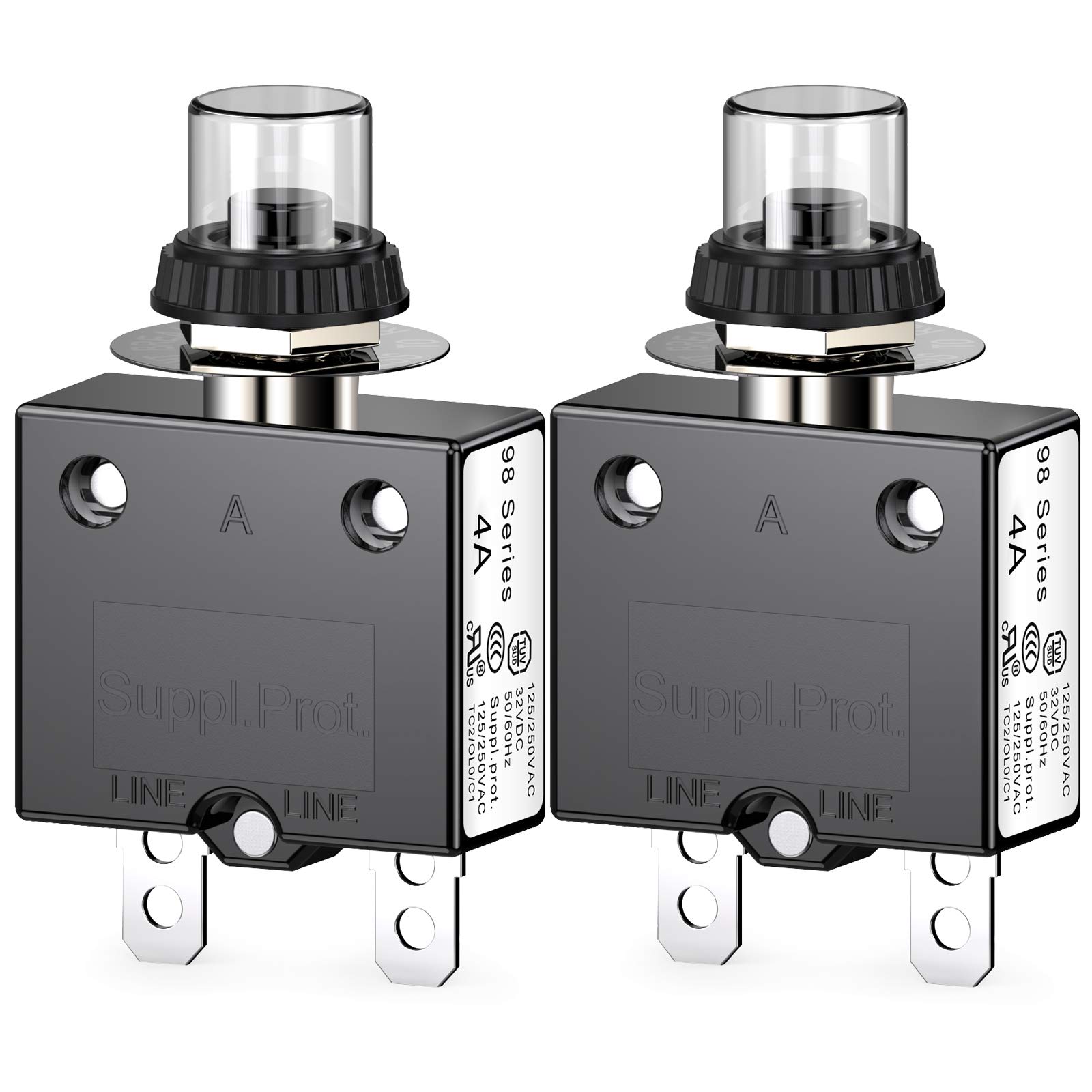 CLDIY Thermal Circuit Breaker 98 Series 4A 125/250VAC Push Button Reset for Circuit Breaker with Quick Connect Terminals and Waterproof Button Cover 32VDC Pack of 2
