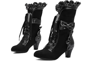 LanreyTaley Women Sweet Bow Boots Mid Heels Lace Up Victorian boots Mid Calf Kawaii Boot