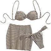 SweatyRocks Women's 3 Piece Striped Bikini Set High Cut Thong Swimsuit with Beach Mini Skirt