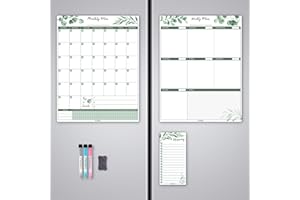 ALEZEL Magnetic Calendar for Refrigerator, Greenery Dry Erase Fridge Calendar Set (3 Boards) - Monthly & Weekly Planner Whiteboard, Shopping List White Board, 3 Markers + Eraser