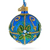 Green & Gold Glitter Pearls & Floral Accents Blue Glass Ball Christmas Ornament 2.4 Inches