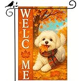BlissYard Thanksgiving Fall Garden Flag 12x18 Inch Welcome Bichon Frise Dog Outdoor Flag Double Sided Autumn Puppy Yard Banner with Plaid Scarf and Leaves Decor for Porch Lawn Patio