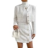 Floerns Women's 2 Piece Outfits Plaid Tweed Blazer Long Sleeve Jacket and Skirt Set