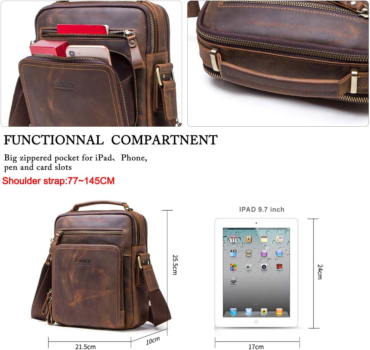 Leather Messenger for Men Leather Man Purse Crossbody Shoulder Bag Business 9.7" iPad Travel Bag School Travel Handbag - Image 4